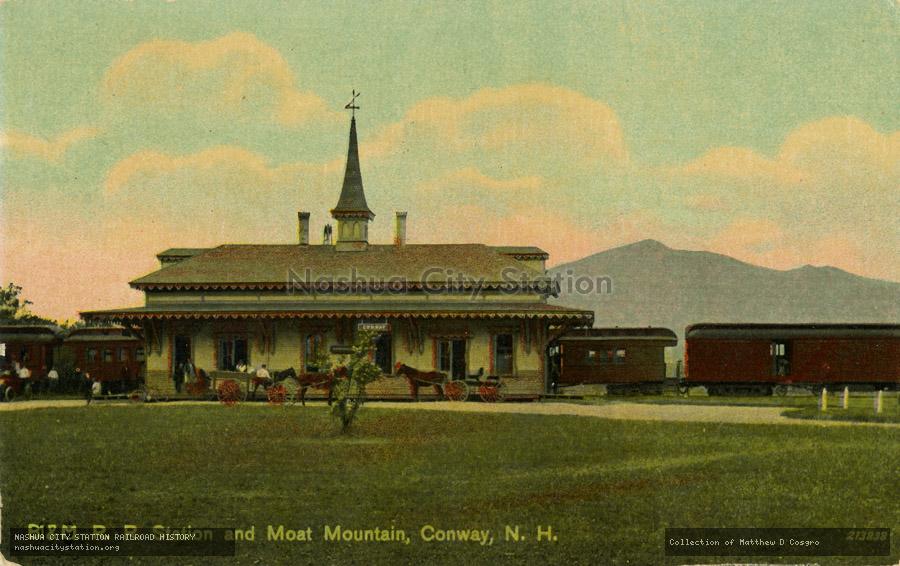 Postcard: Boston & Maine Railroad Station and Moat Mountain, Conway, New Hampshire